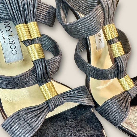 Jimmy Choo Black Waxed Leather ‘Serena’ Brass Hardware Gladiator Heels Size 8.5 - Picture 6 of 16